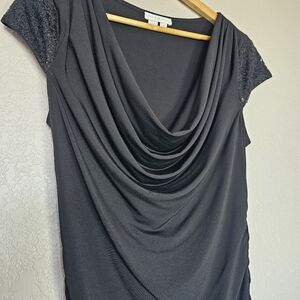 London Times Women's Cap Sleeve Cowl Neck Crepe Ruche Dress Black Sz 12